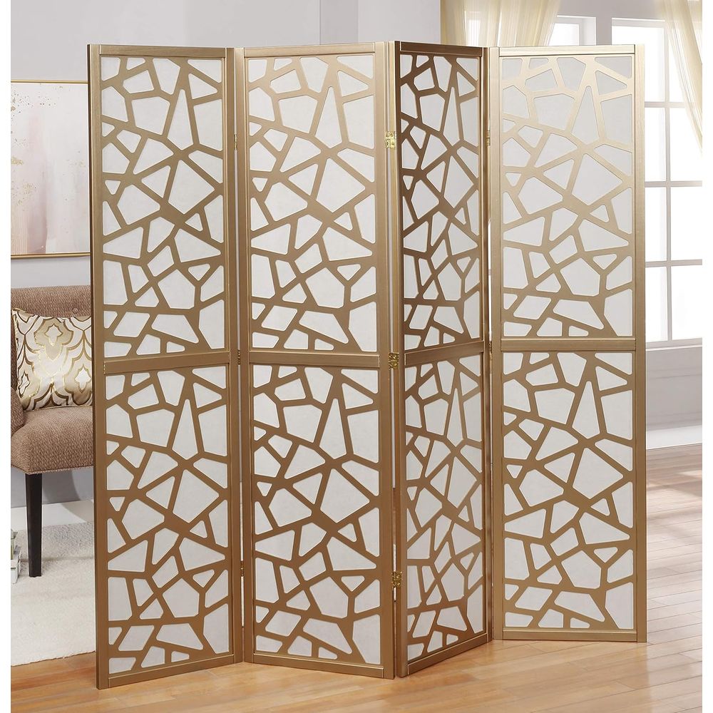 Room Divider Bamboo - 4-Panel Room Divider, White with Gold
